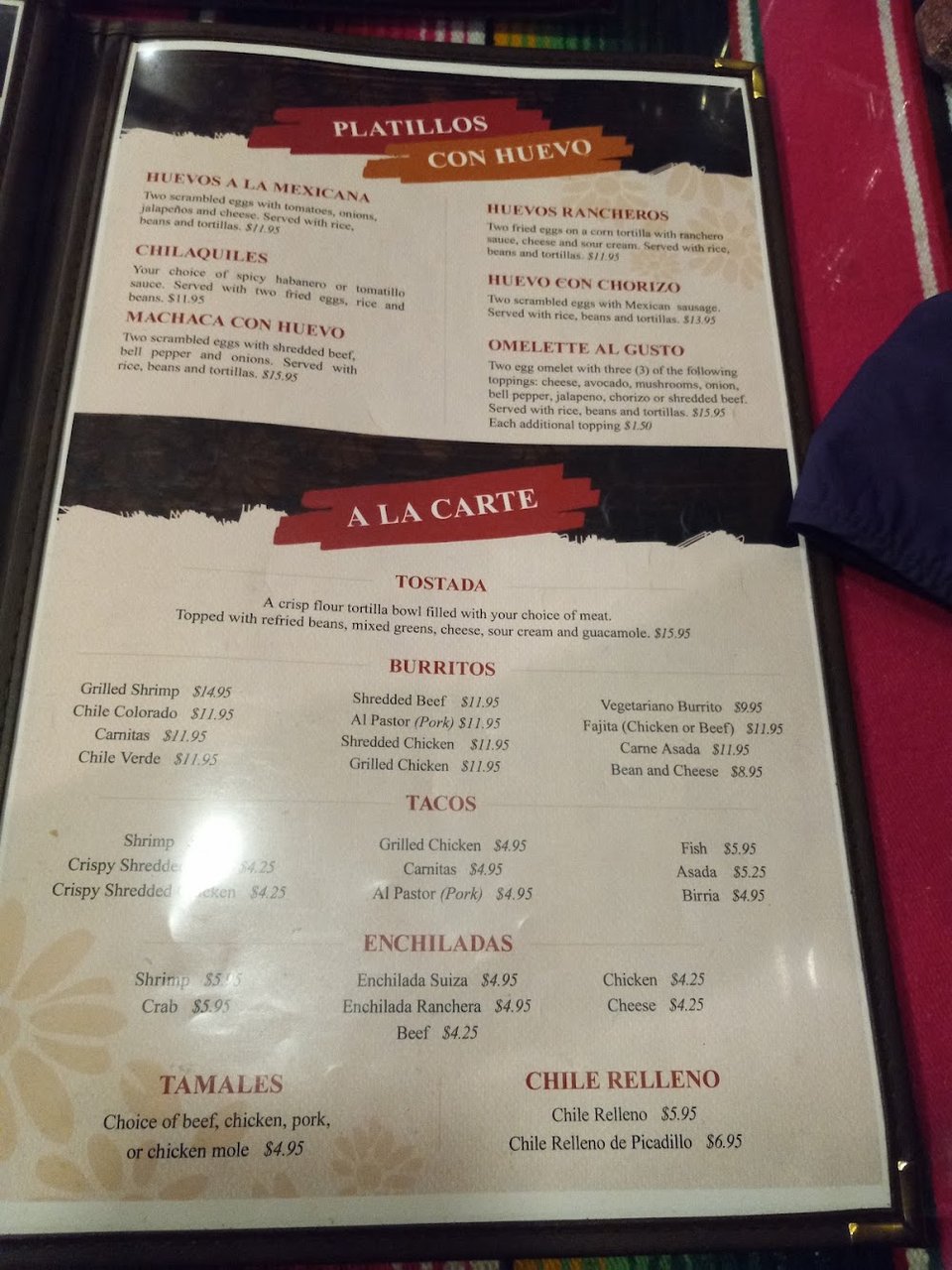 Restaurant menu with comfort food and local specialties.