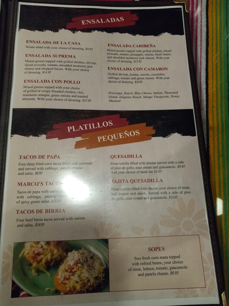 Menu page with appetizers, soups, and sides.