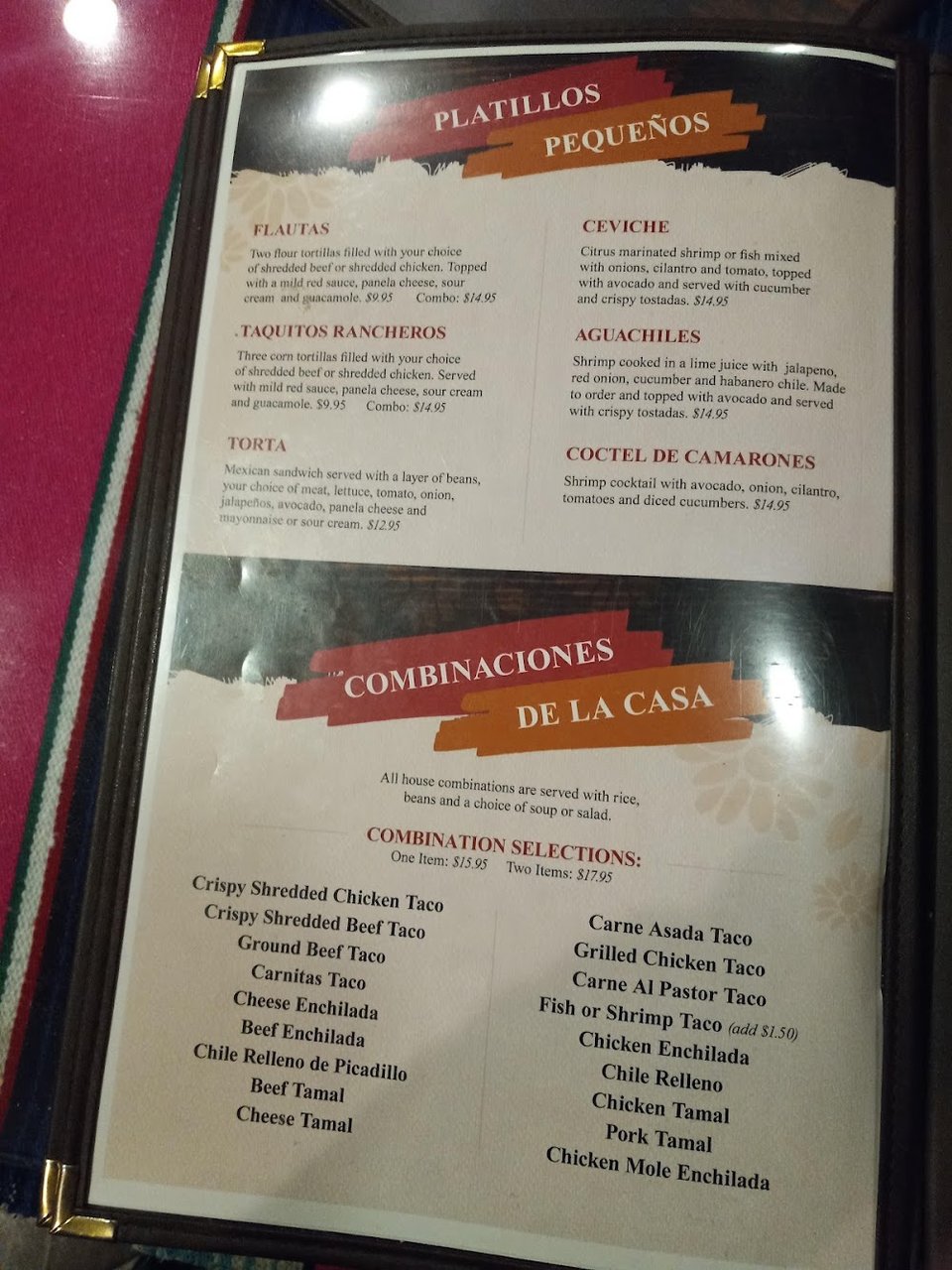 Mexican menu featuring enchiladas, burritos, and flautas.